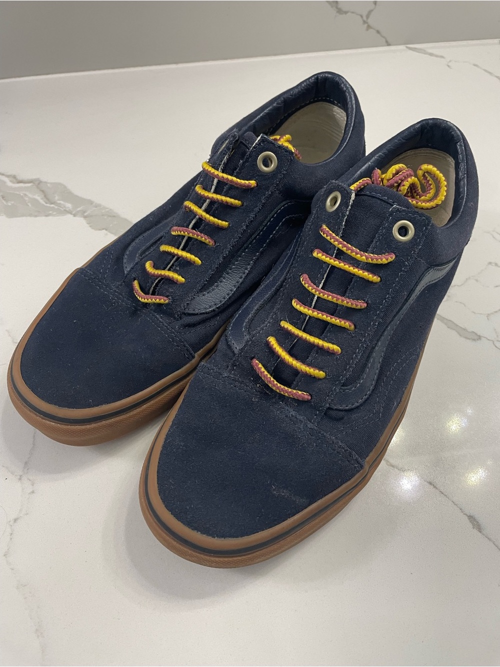 Vans Navy Suede Low-Top Sneakers with Gum Sole and Yellow Accent Laces